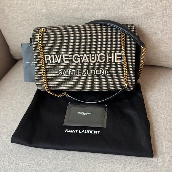 Saint Laurent Handbags - Saint Laurent Rive Gauche Black Beige Logo Shoulder Bag NEW YSL Woven Crossbody